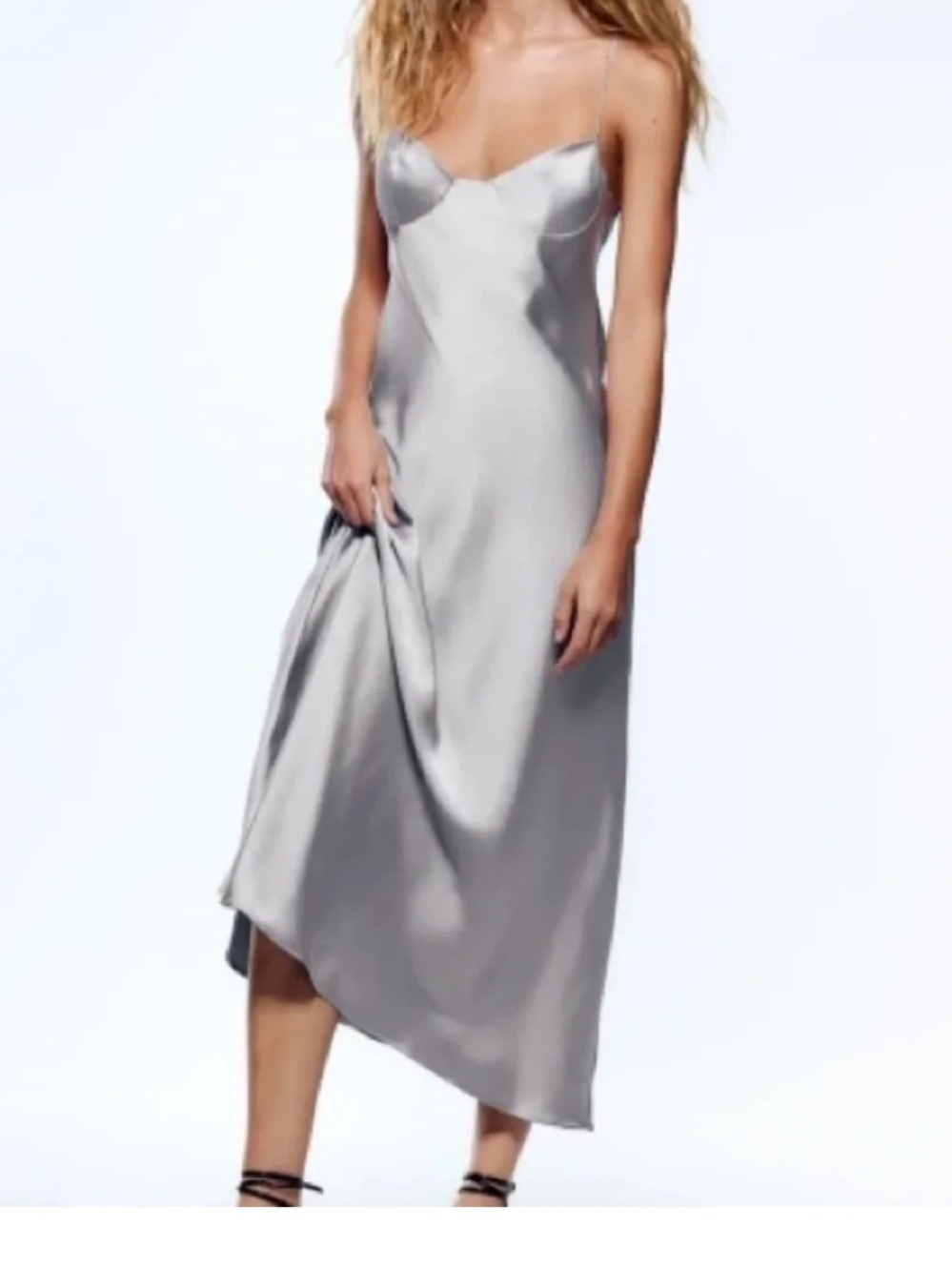 Zara Silver Satin Slip Dress - Women's Elegant Midi
